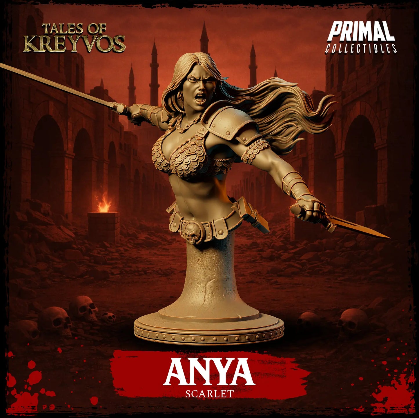 Front view render of Anya Scarlet female barbarian collector display bust on a traditional smooth pedestal base.