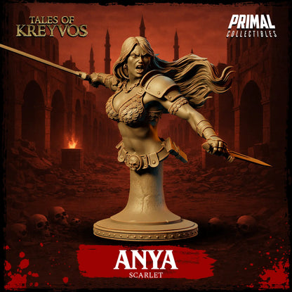 Front view render of Anya Scarlet female barbarian collector display bust on a traditional smooth pedestal base.