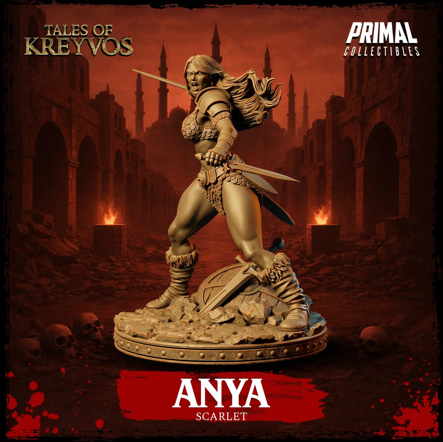 Three-quarter dynamic view of Anya Scarlet barbarian miniature highlighting her twin blades and athletic pose.