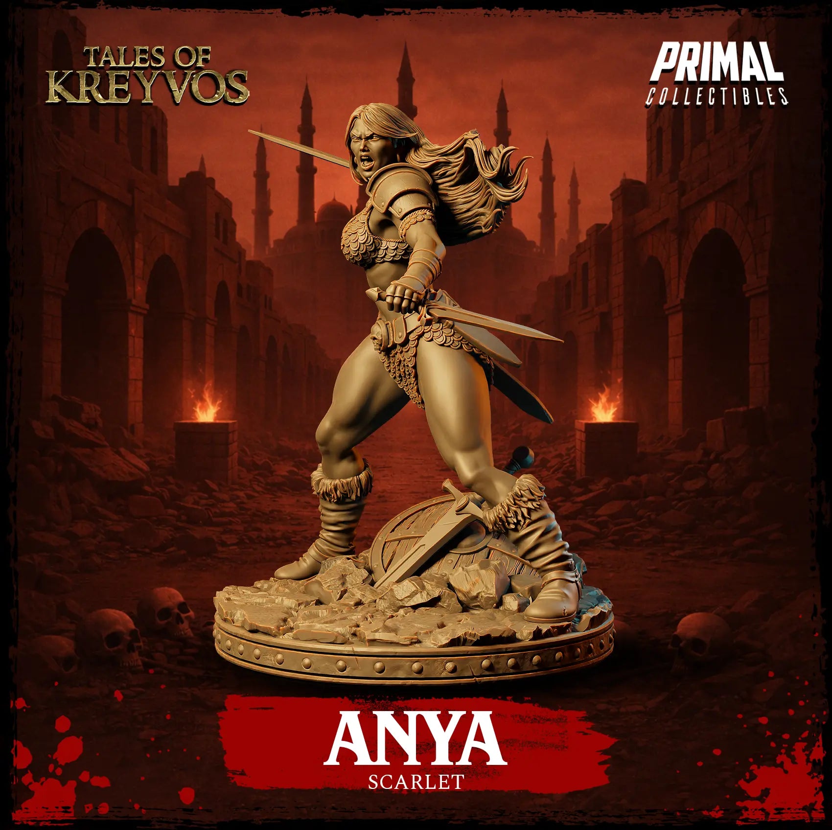 Three-quarter dynamic view of Anya Scarlet barbarian miniature highlighting her twin blades and athletic pose.