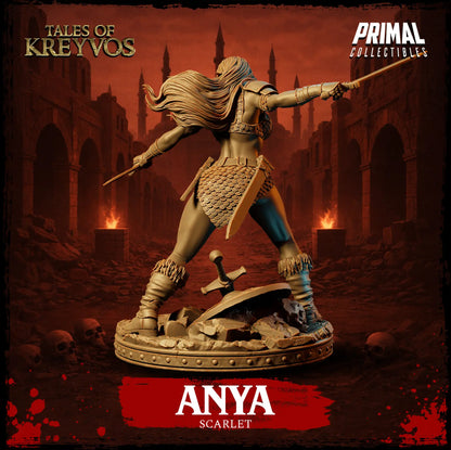 Rear view render of the Anya Scarlet miniature showing the details of her flowing long hair and the broken shield prop on the base.