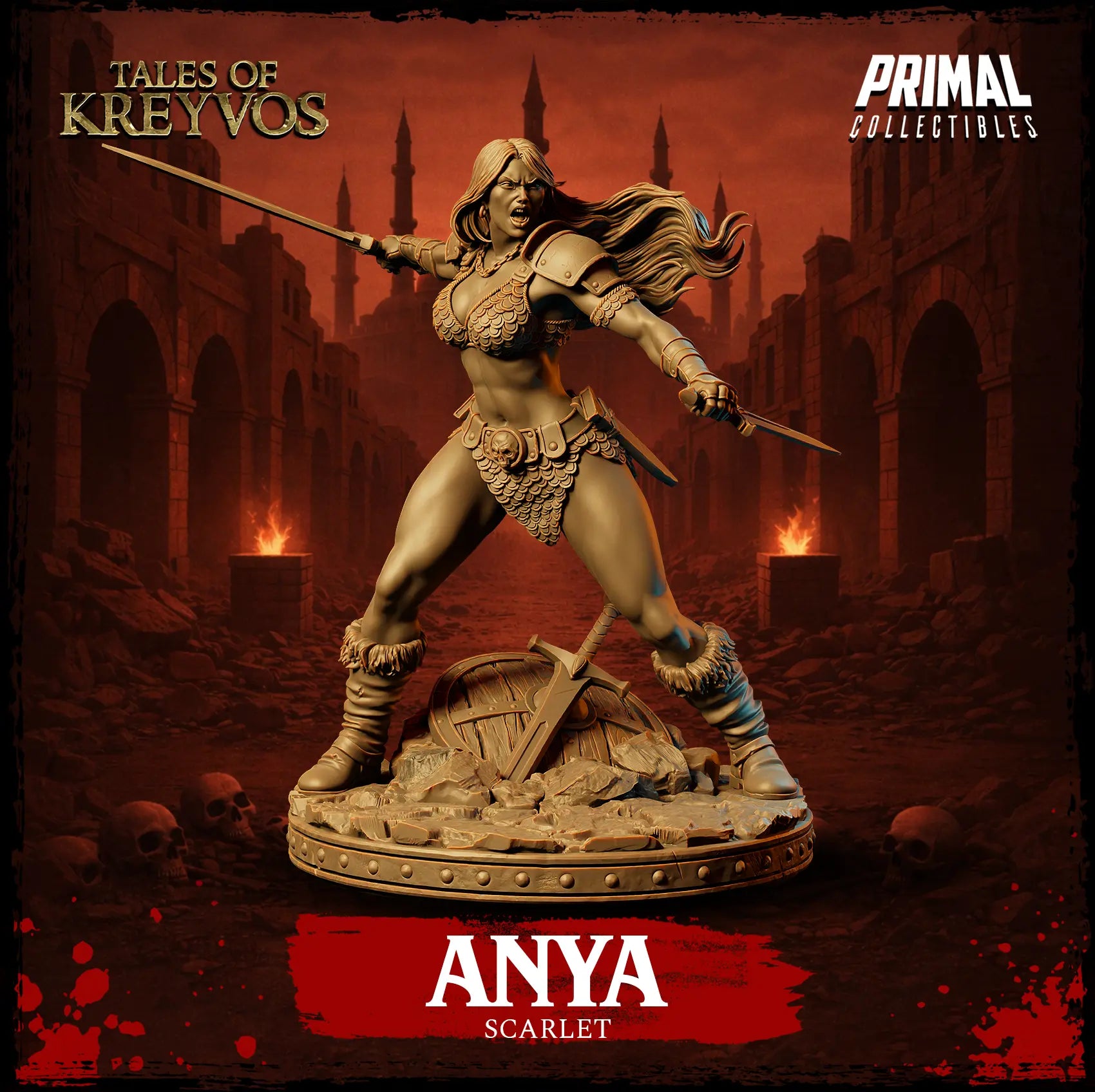 Full front view render of unpainted resin Anya Scarlet female human barbarian miniature dual-wielding swords on a scenic rock base.