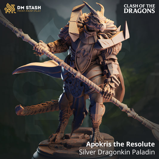 Hero front perspective render of Apokris the Resolute silver dragonkin paladin resin miniature holding a halberd by DM Stash.