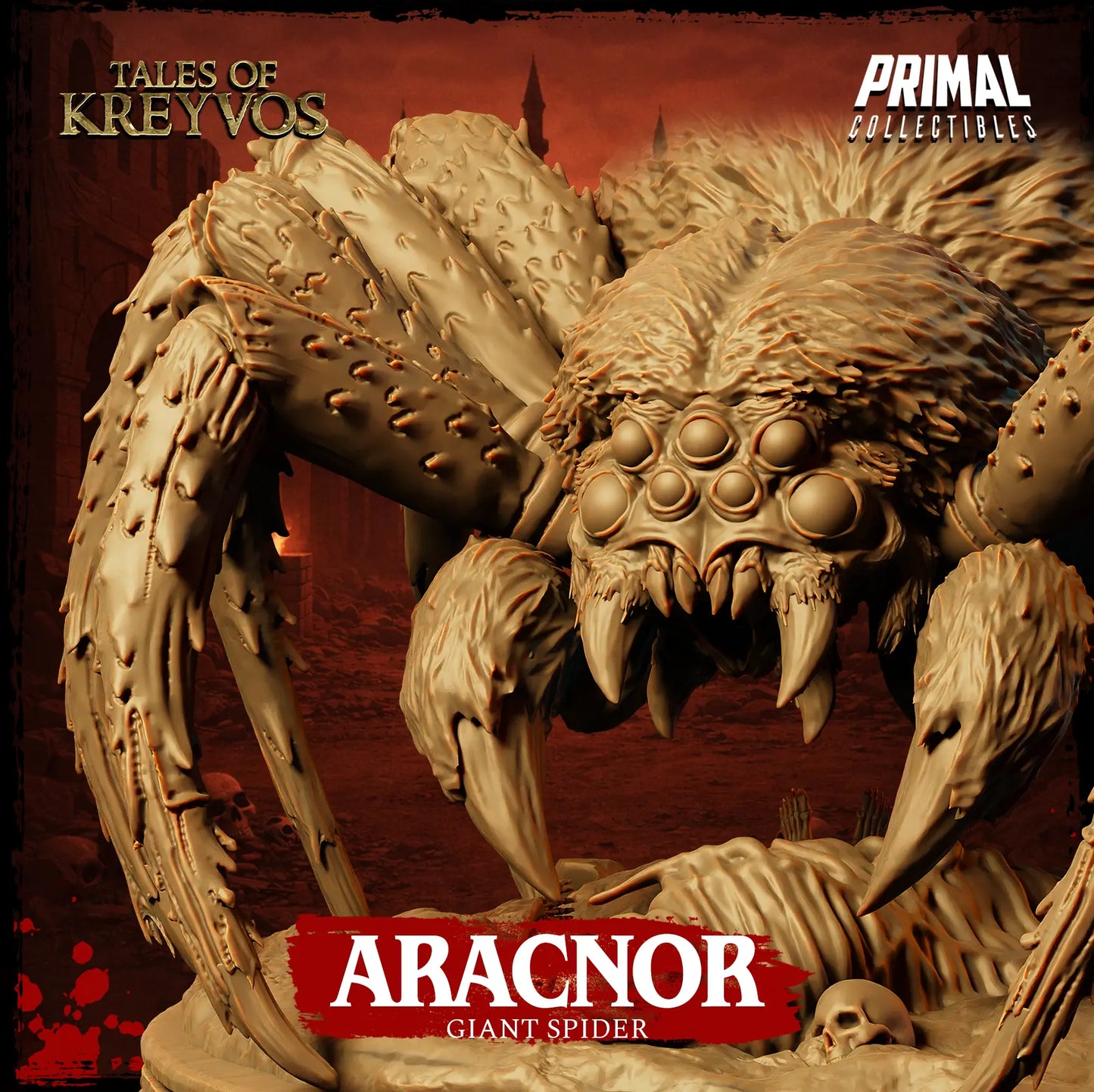 Close-up detail of Aracnor the Giant Spider's face, showing multiple eyes, fangs, and pedipalps.