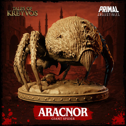 Rear view of Aracnor the Giant Spider miniature showing textured abdomen bristles and spinnerets.