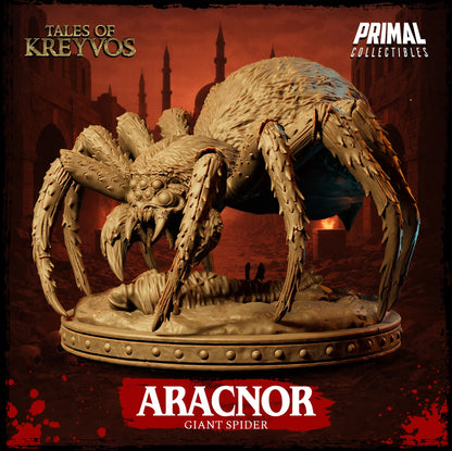 Three-quarter side profile of Aracnor the Giant Spider showing leg segments and body length.