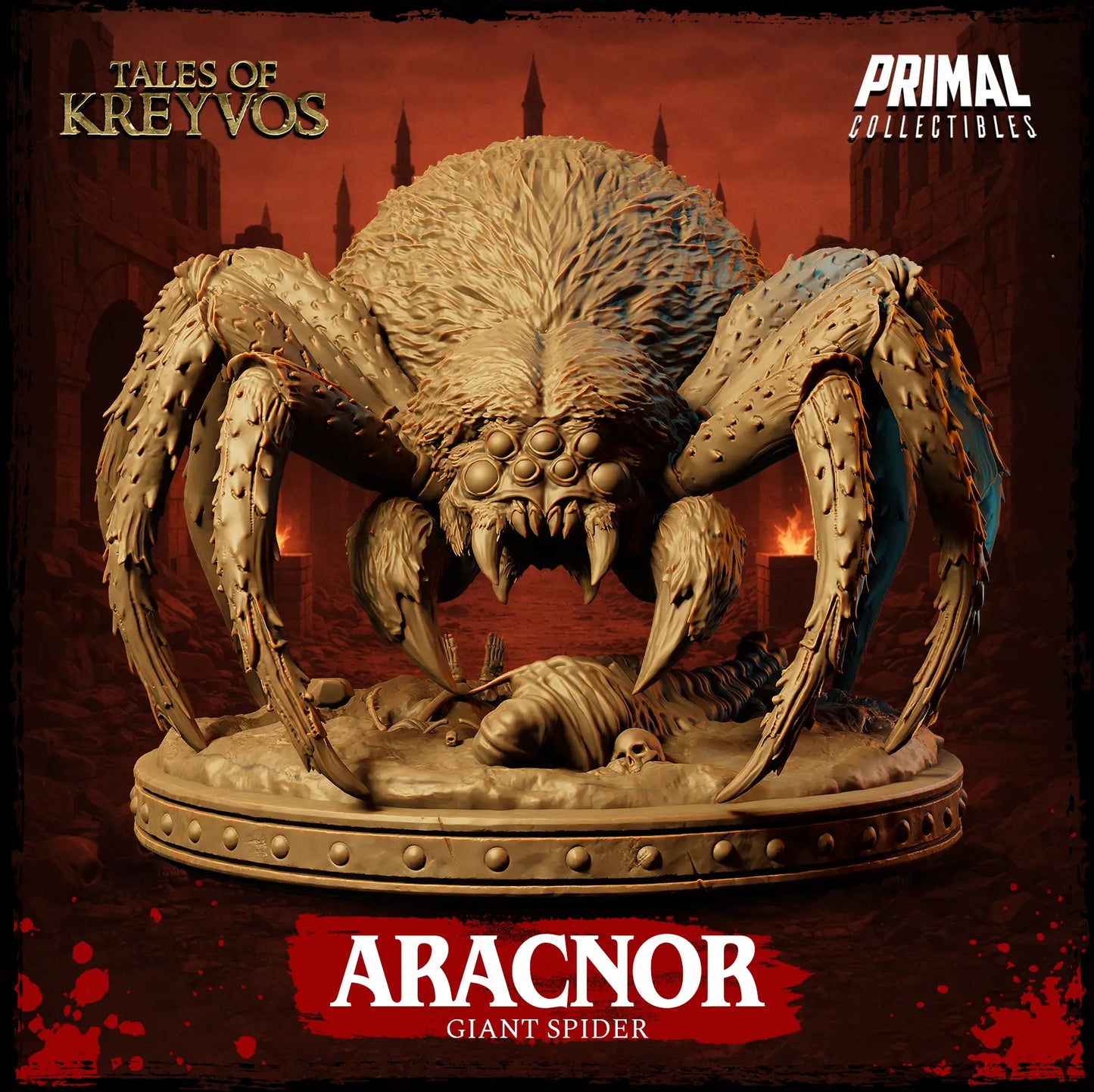 Direct symmetrical front view of the Aracnor spider miniature framing a webbed victim on a stone base.