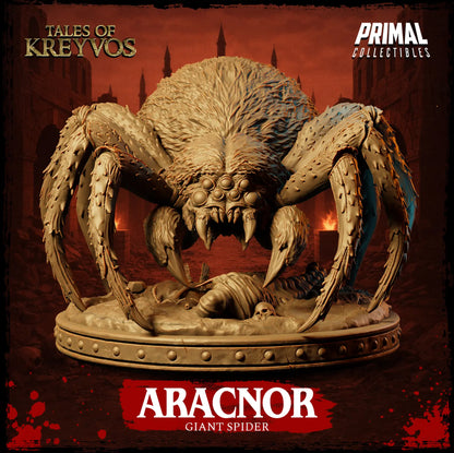 Direct symmetrical front view of the Aracnor spider miniature framing a webbed victim on a stone base.