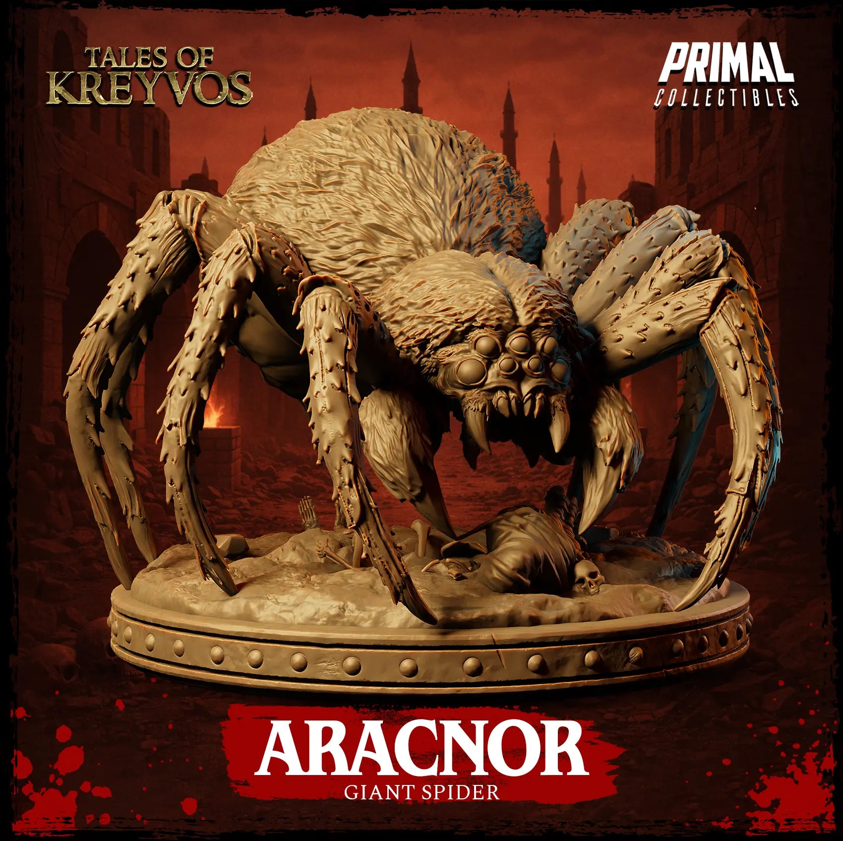 Angled front view of Aracnor the Giant Spider resin miniature over a cocooned victim base.