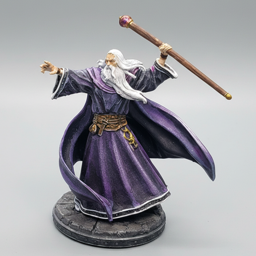 Custom painted by D&K Custom Prints of the 32mm variant of Archbauld Human Wizard in flowing robes holding a long arcane staff.