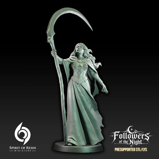 Front view of Arianda Lunar Scythe female reaper miniature with crescent-bladed polearm, flowing robes, and lunar details.