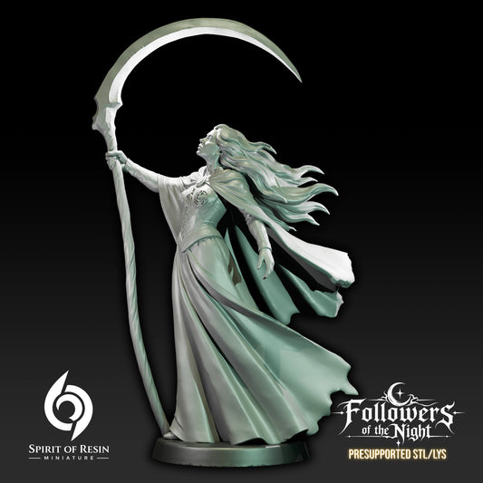 Arianda Lunar Scythe fantasy priestess resin miniature holding a massive crescent scythe with flowing robes and hair.