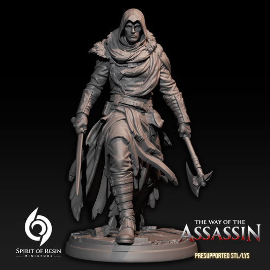 Arjun the Wild Assassin Human Rogue miniature with hood, sword, axe, and layered wilderness clothing.