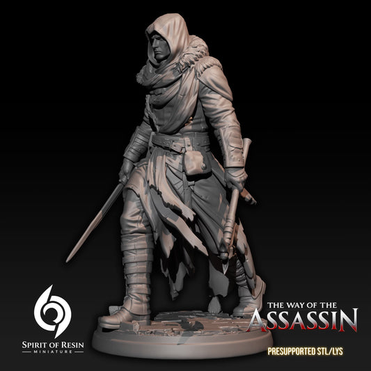 Side view of Arjun the Wild Assassin Human Rogue miniature carrying a sword and axe.