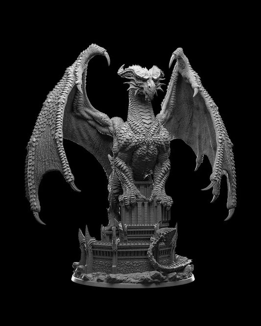 Front unpainted 3D render view of Arnya Ember Wing Dragon gargantuan resin miniature perched atop a ruined fortress base by STLFLIX.