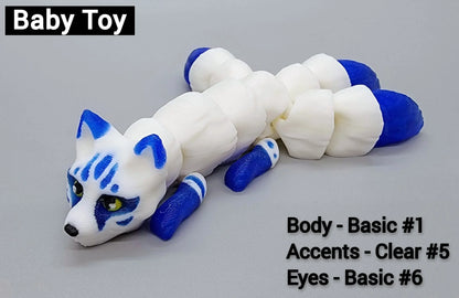 Blue and white baby sized 3D printed articulated kitsune toy