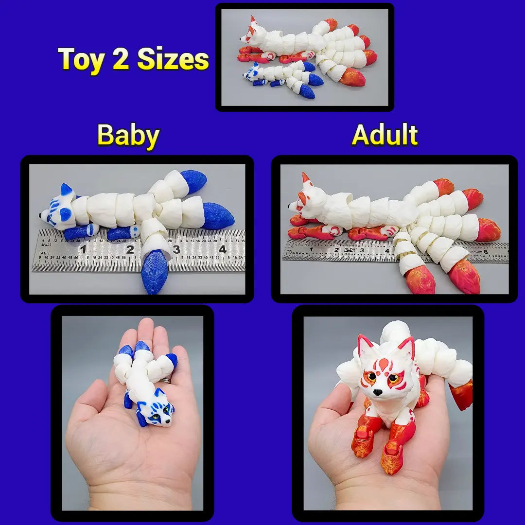 Size comparison chart showing baby and adult 3D printed articulated kitsune figures