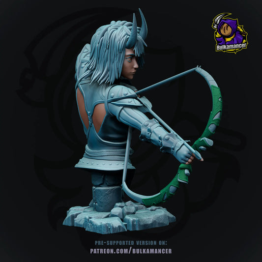 Arueshalae bust 3D printed resin Pathfinder fan art by Bulkamancer – dynamic pose with bow, horns, and armor for collectors or TTRPG display.