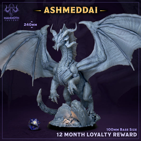 Front render view of Ashmeddai the Bane of Mages, a 240mm tall gargantuan resin dragon miniature on a 100mm scenic base.