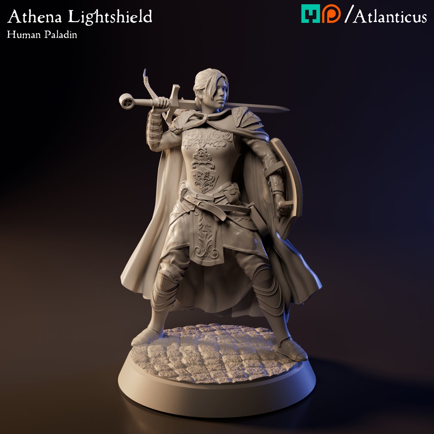 Front angle render of unpainted Athena Lightshield miniature displaying her flowing cape, detailed plate mail, and dynamic leg stance.