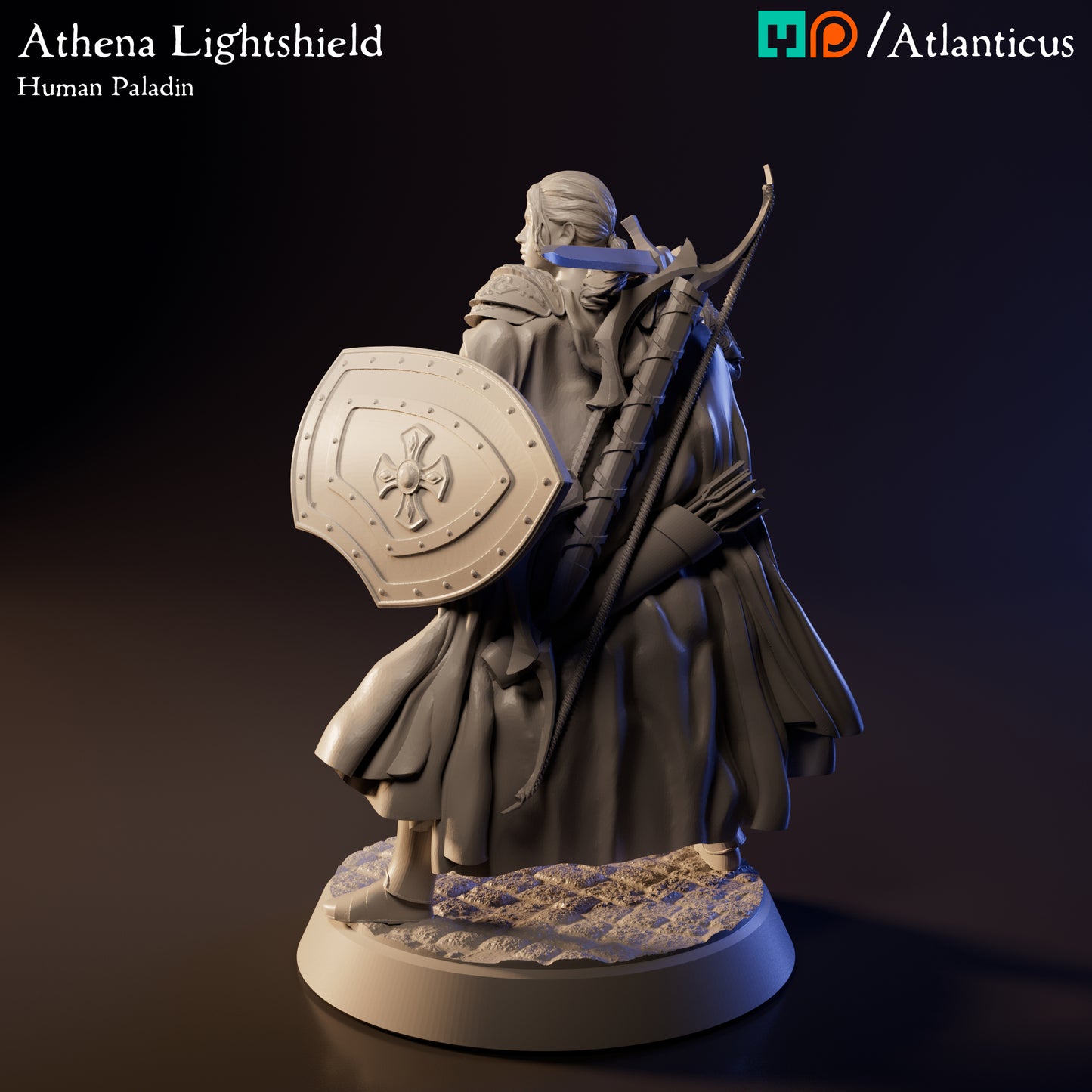 Left profile view of the unpainted resin Athena Lightshield miniature showcasing her large, ornate kite shield featuring a raised cross design.
