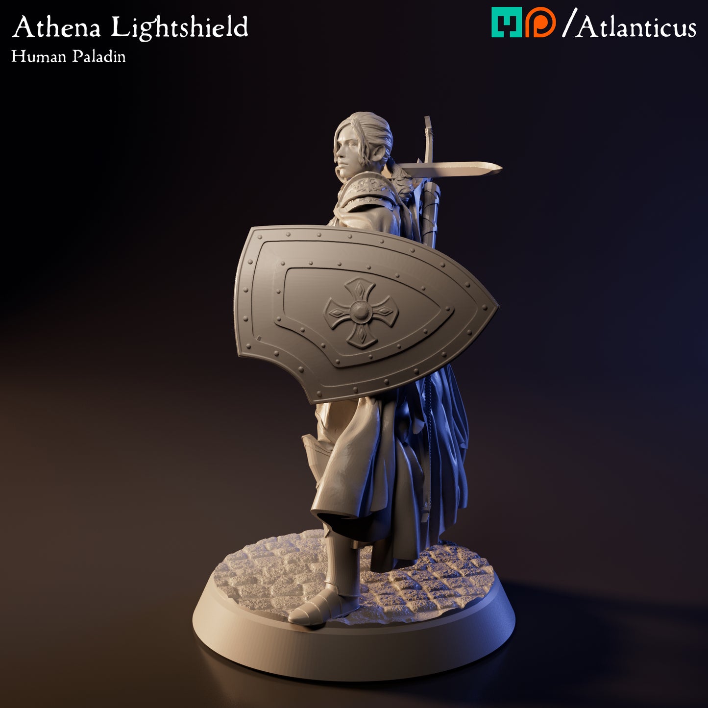Three-quarter left view of the unpainted Athena Lightshield tabletop model focusing on shield placement and cobblestone display base texture.