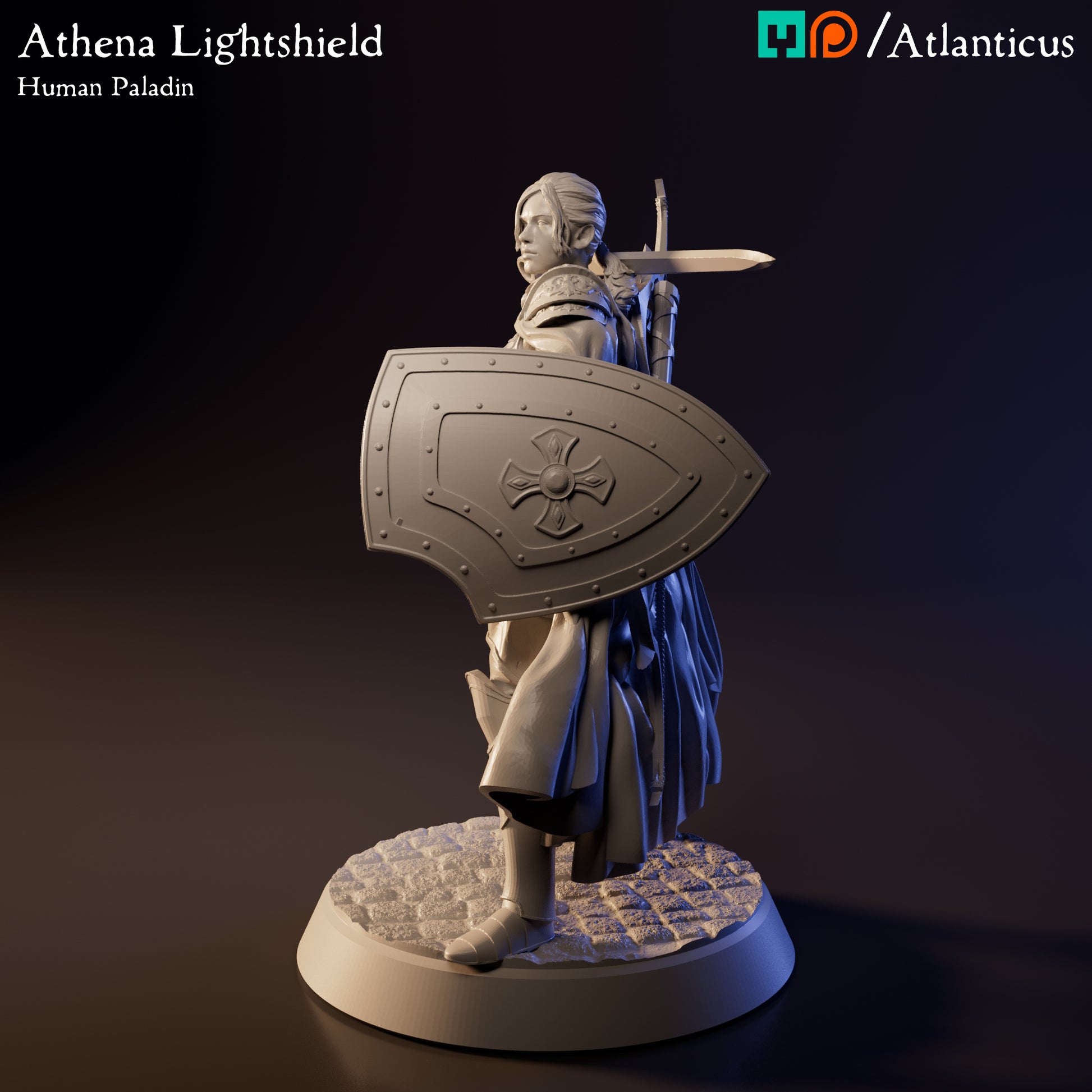Three-quarter left view of the unpainted Athena Lightshield tabletop model focusing on shield placement and cobblestone display base texture.