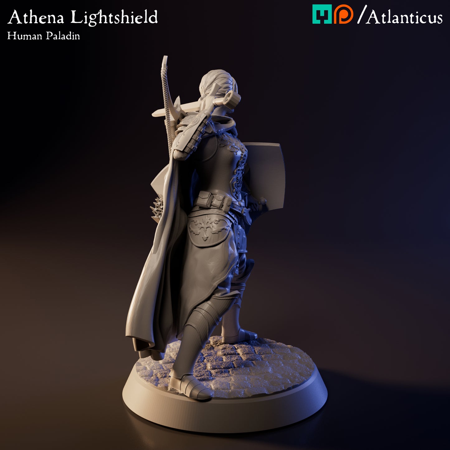 Right side profile of Athena Lightshield human paladin miniature highlighting detailed utility pouches, belt straps, and sword blade.