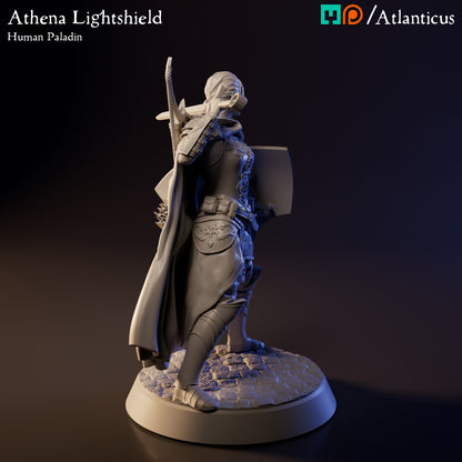 Right side profile of Athena Lightshield human paladin miniature highlighting detailed utility pouches, belt straps, and sword blade.