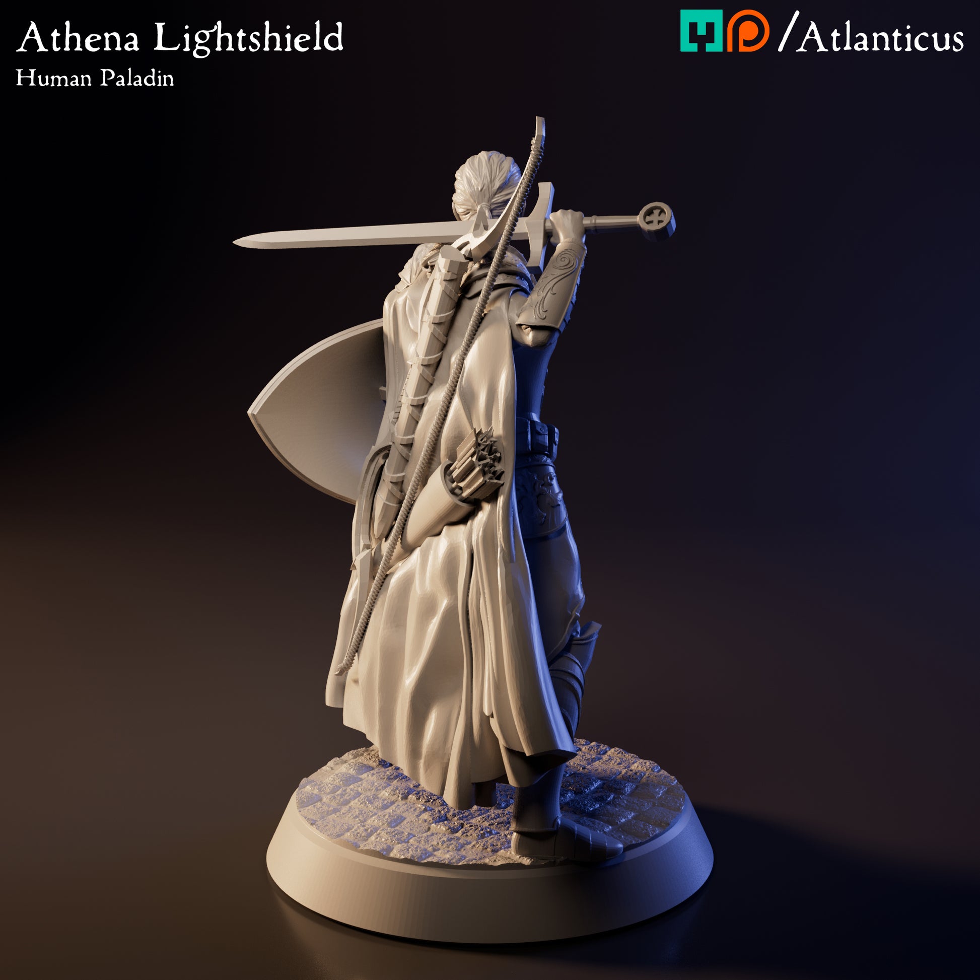 Rear view of Athena Lightshield miniature highlighting her detailed dynamic cape, long hair braid, sheathed bow, and arrow quiver.