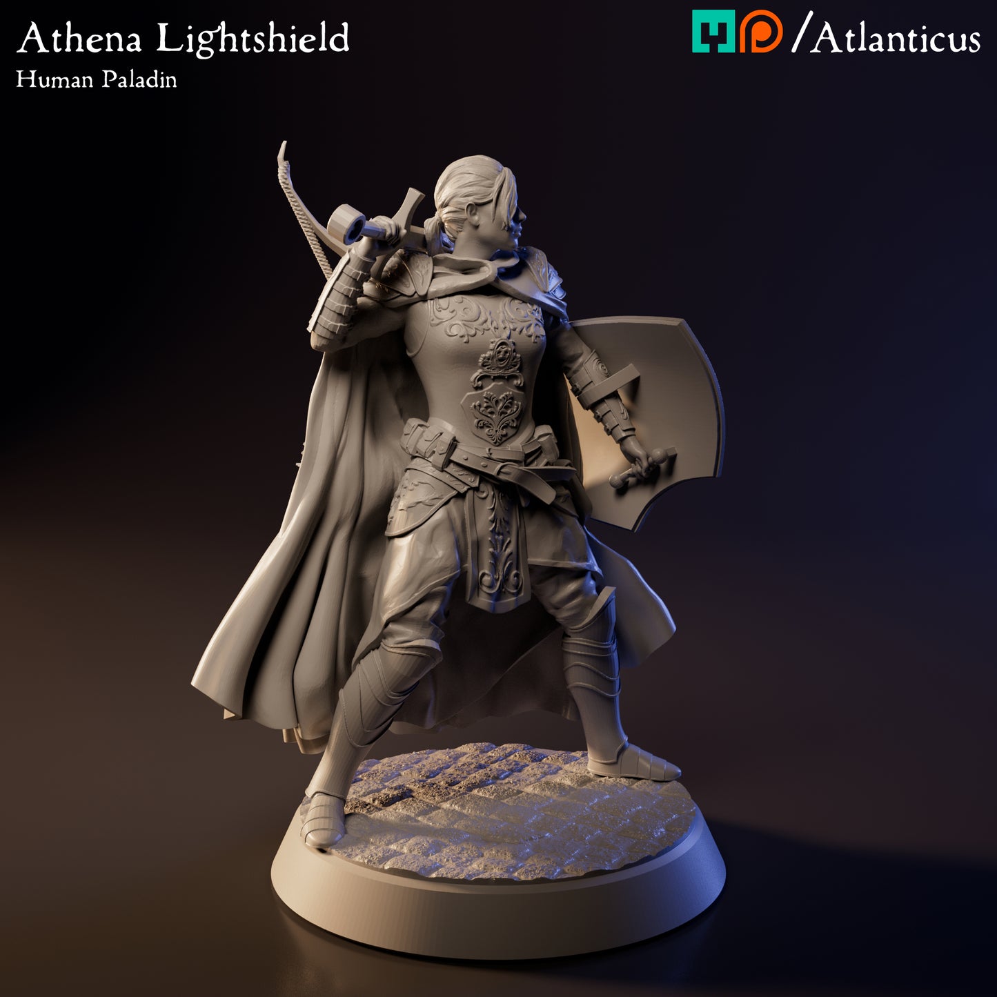 Three-quarter right profile view of the unpainted resin Athena Lightshield miniature showing her sheathed bow on her back.