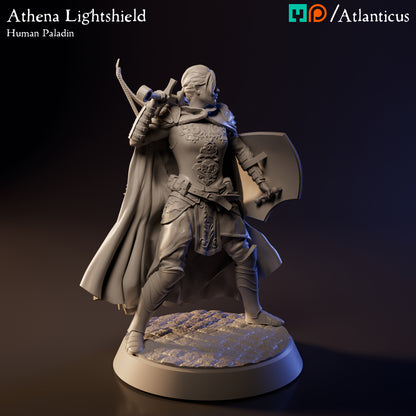 Three-quarter right profile view of the unpainted resin Athena Lightshield miniature showing her sheathed bow on her back.