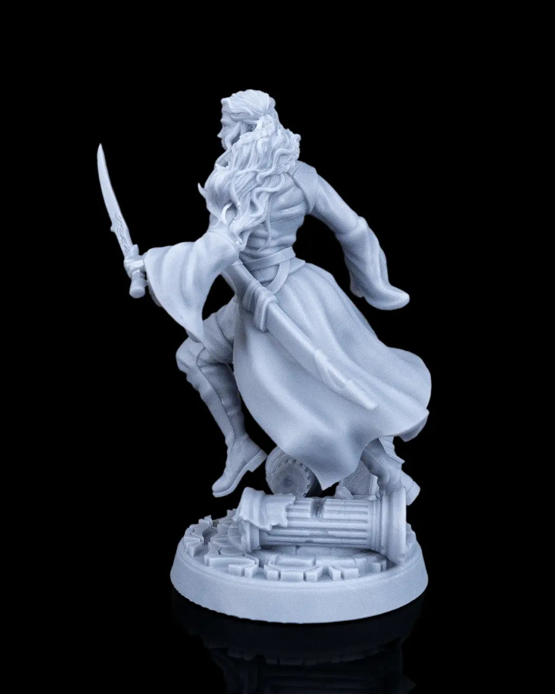 Back right view of Aurelia the Savior fantasy miniature showing the scabbard on her lower back and long wavy hair.