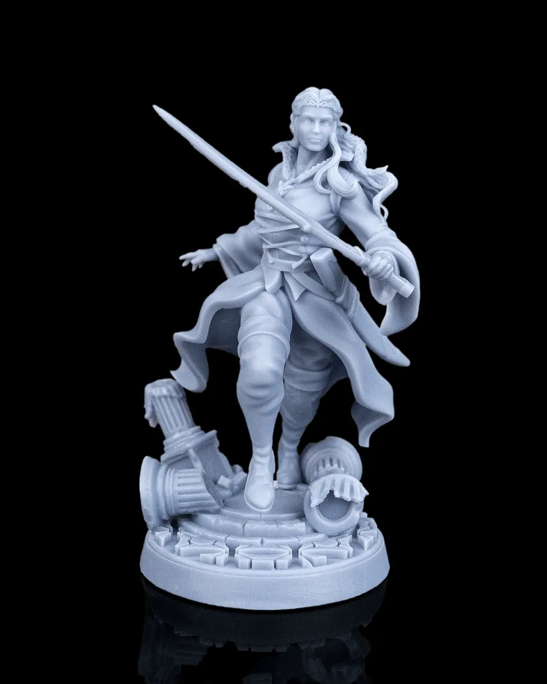 Aurelia the Savior resin miniature by Artificers Mini stepping forward with a sword over broken columns.