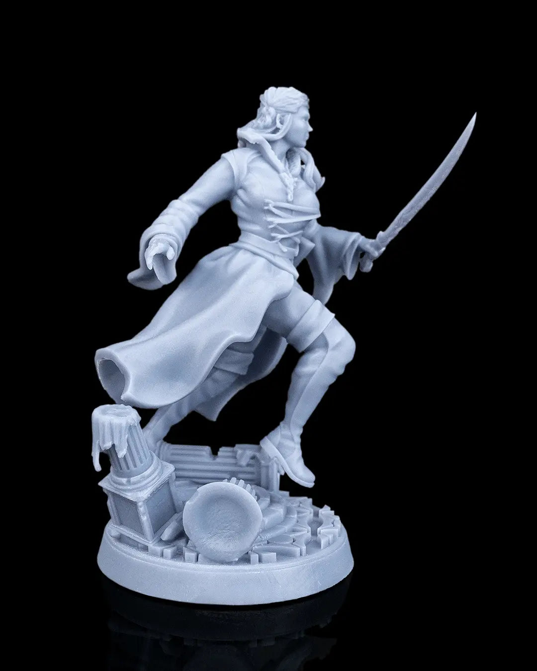 Profile view of Aurelia the Savior 32mm scale resin miniature showing her mid-air leaping posture from the ruins.