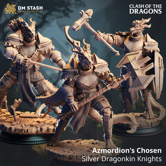 Group render view of three unpainted resin Azmordion's Chosen Silver Dragonkin Knights featuring Archer, Fighter, and Commander styles on scenic display bases.