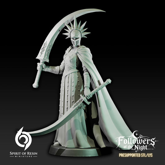 Azora Lunar Blade Human Paladin resin miniature in ornate armor wielding two curved one-handed swords.