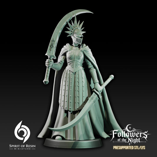 Front view of Azora Lunar Blade Human Paladin miniature with crested helmet, cape, heavy armor, and twin curved swords.