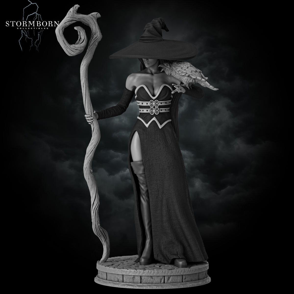 Full front view render of Azora the Witch standing on a cobblestone base by Stormborn Collectibles. With raven option.