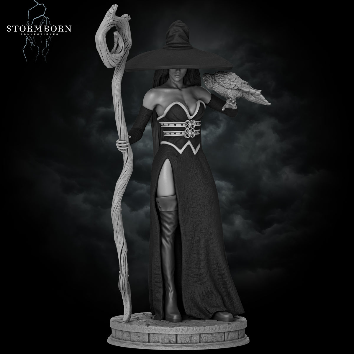 Hero shot render of Azora the Witch holding a twisted magic staff with a raven familiar by Stormborn Collectibles.