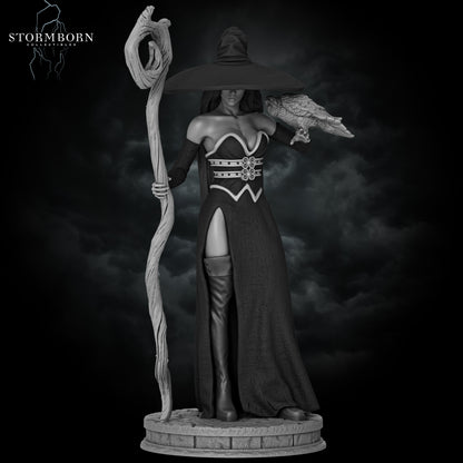 Hero shot render of Azora the Witch holding a twisted magic staff with a raven familiar by Stormborn Collectibles.