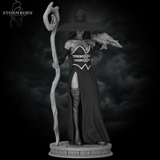 Hero shot render of Azora the Witch holding a twisted magic staff with a raven familiar by Stormborn Collectibles.