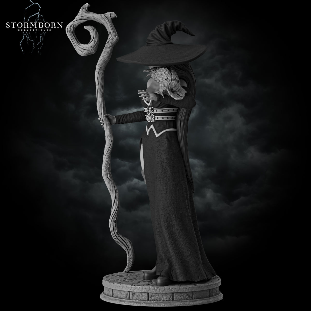 Left profile view render of Azora the Witch highlighting her raven familiar and cobblestone base by Stormborn Collectibles.
