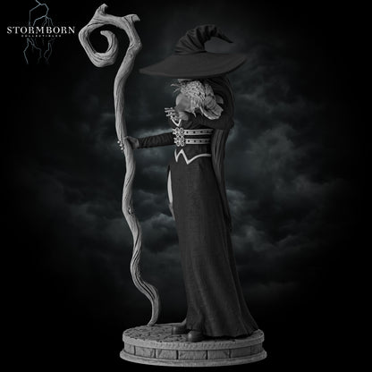 Left profile view render of Azora the Witch highlighting her raven familiar and cobblestone base by Stormborn Collectibles.
