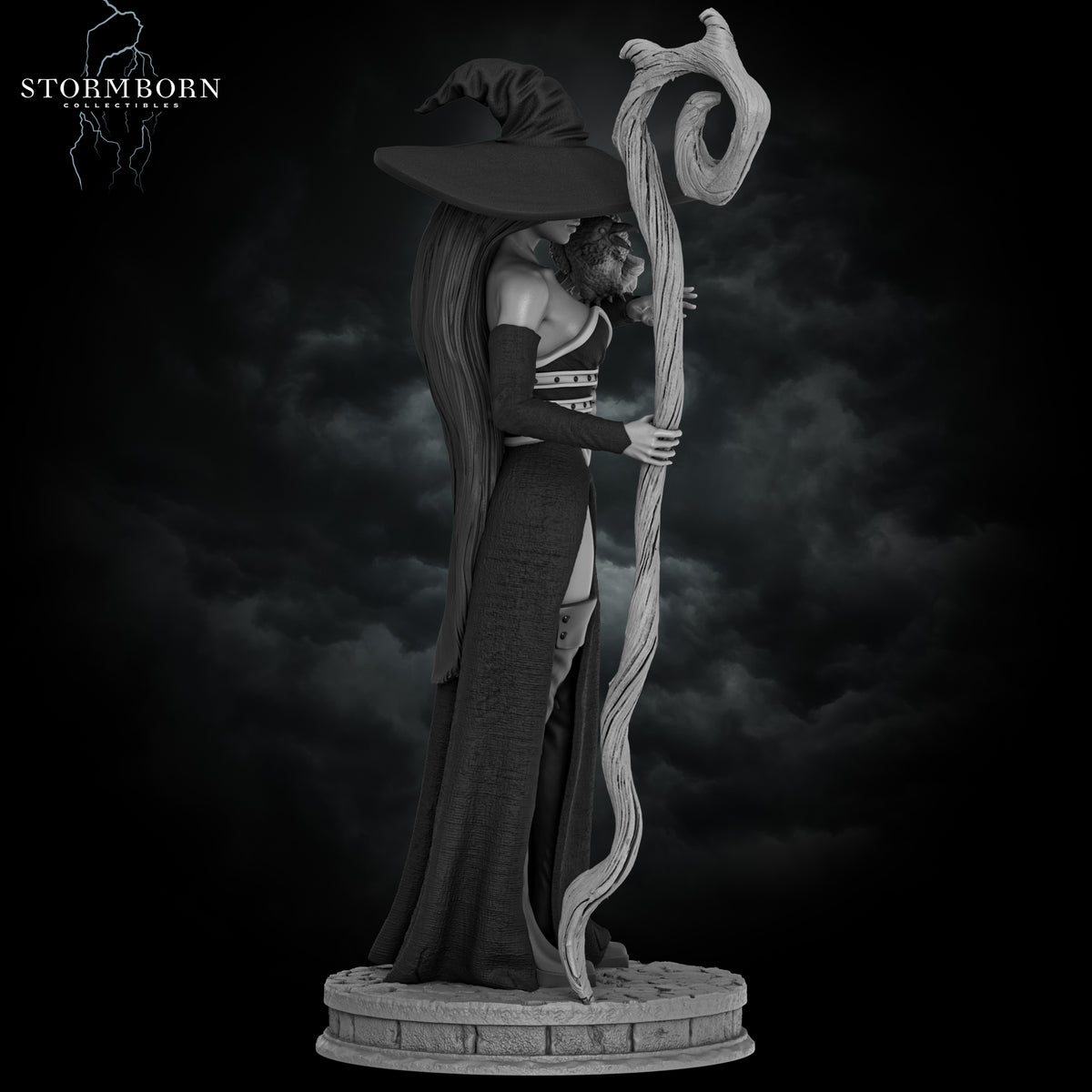 Right profile view render of Azora the Witch showing her long hair and curved magic staff by Stormborn Collectibles.