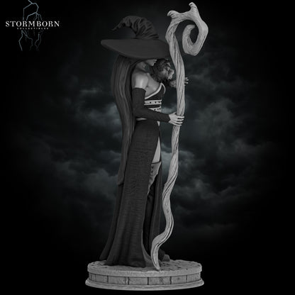 Right profile view render of Azora the Witch showing her long hair and curved magic staff by Stormborn Collectibles.