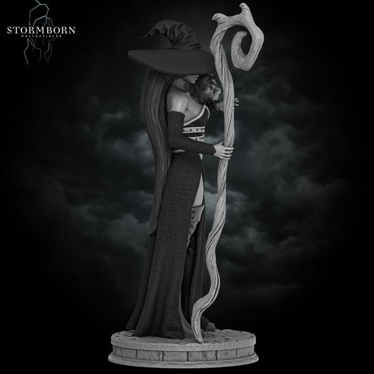 Right profile view render of Azora the Witch showing her long hair and curved magic staff by Stormborn Collectibles.