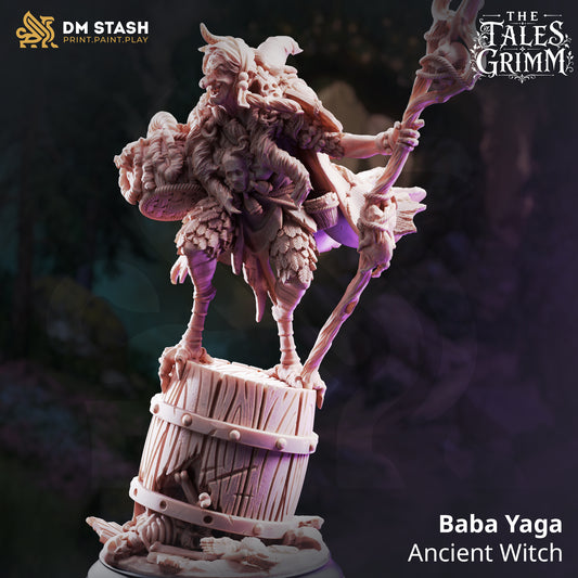 Main promo render view of the Baba Yaga Ancient Witch miniature by DM Stash perched on a barrel base holding a staff.
