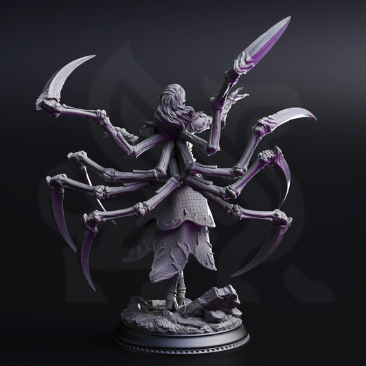 Statue of a character with multiple arms holding weapons on a dark background