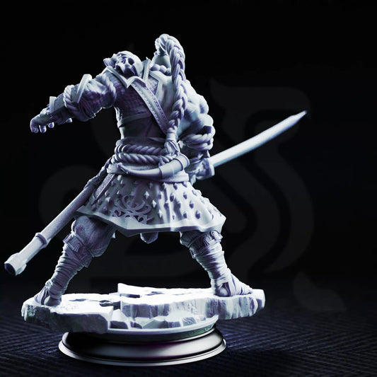 Rear view of Bagrash Ilkhan showing long braided topknot, heavy armor details, and sword sheath